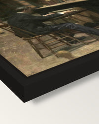 Between Rounds by Thomas Eakins framed canvas, corner close-up: a black floating frame with a shadow gap round the canvas