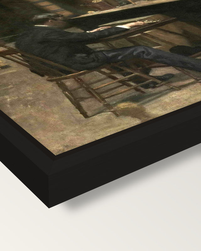 Between Rounds by Thomas Eakins framed canvas, corner close-up: a black floating frame with a shadow gap round the canvas