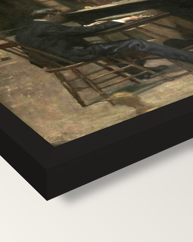 Between Rounds by Thomas Eakins framed print, corner close-up: black moulding, mitred, the print set just below its edge