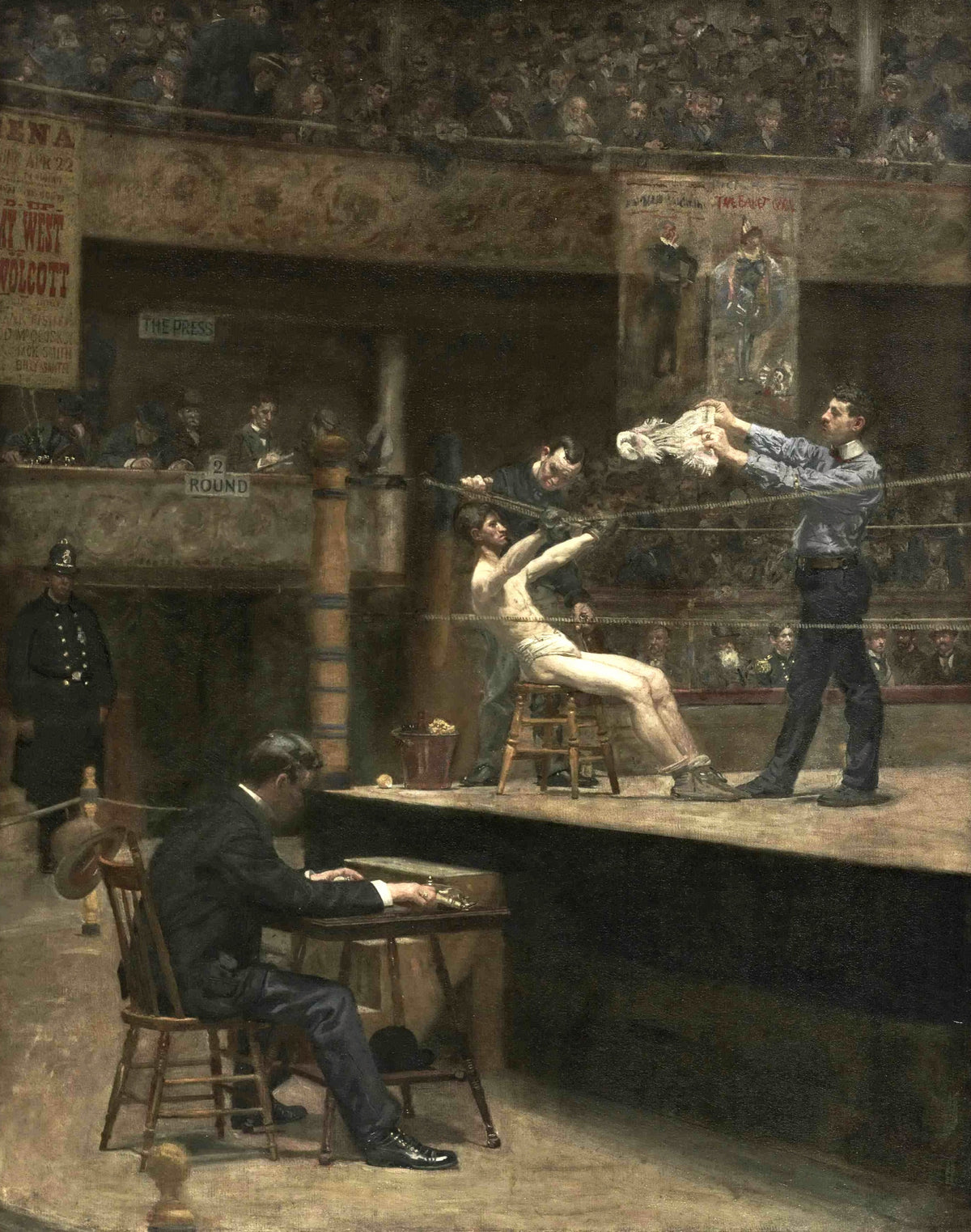 Between Rounds by Thomas Eakins: a boxer sits in his corner being fanned with a towel, a timekeeper at a table in front
