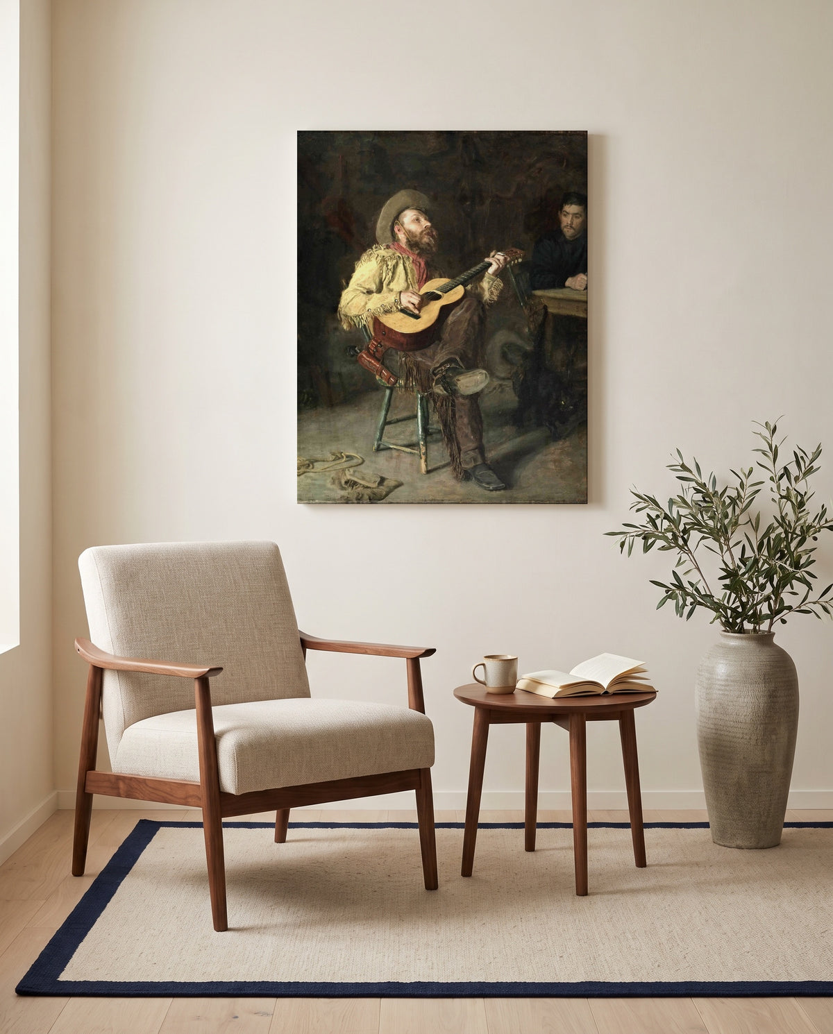 Home Ranch by Thomas Eakins as a stretched canvas above a linen lounge chair in a reading corner