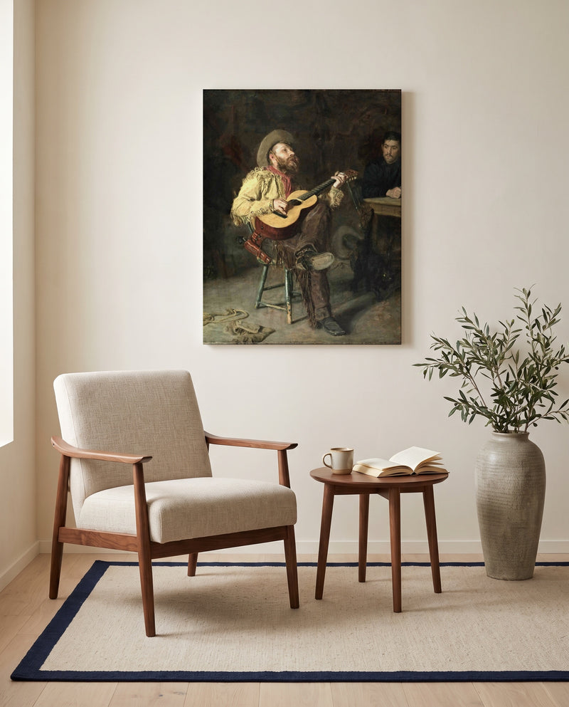 Home Ranch by Thomas Eakins as a stretched canvas above a linen lounge chair in a reading corner