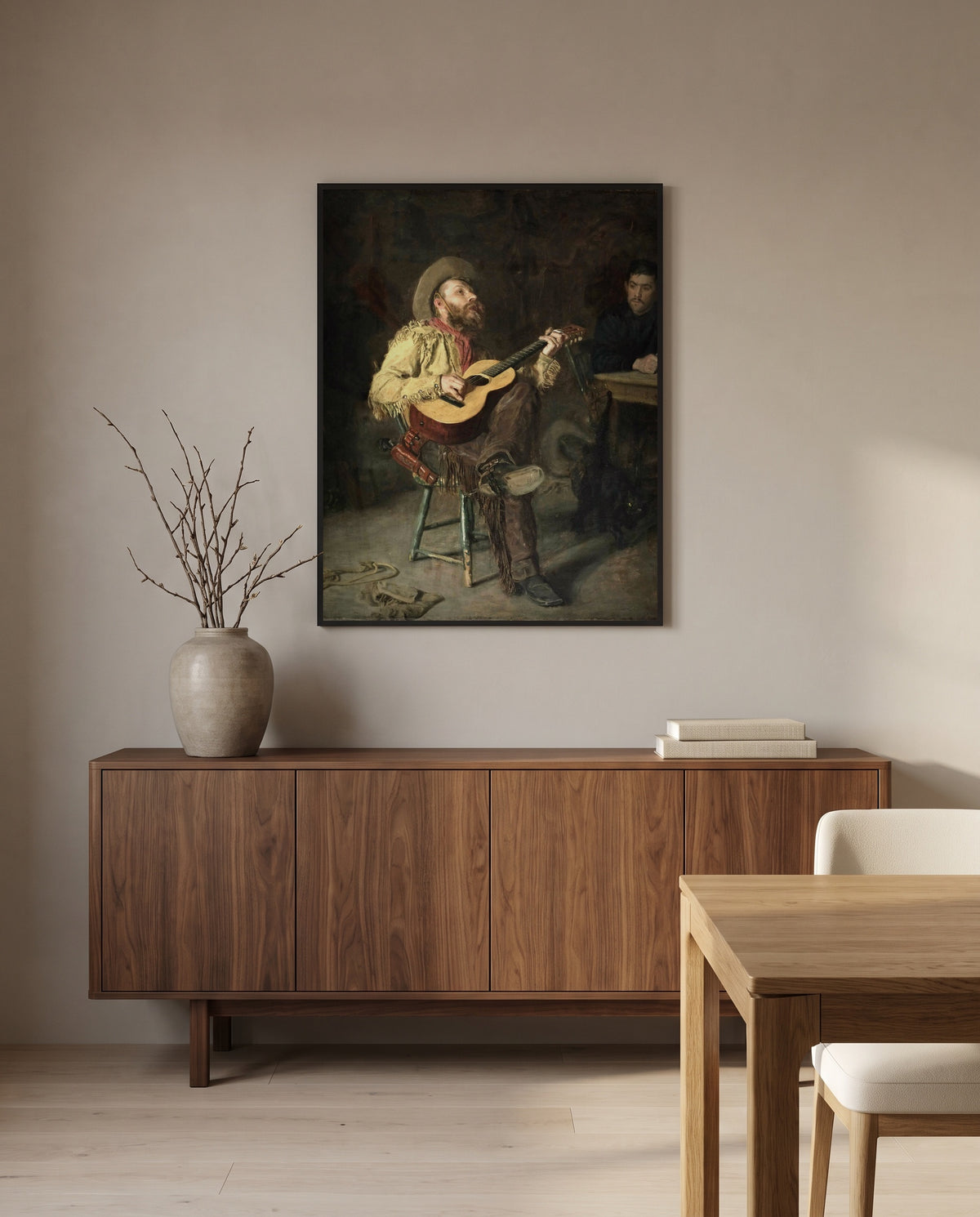 Home Ranch by Thomas Eakins in a black frame above a walnut sideboard in a dining room