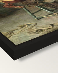 Home Ranch by Thomas Eakins framed canvas, corner close-up: a black floating frame with a shadow gap round the canvas