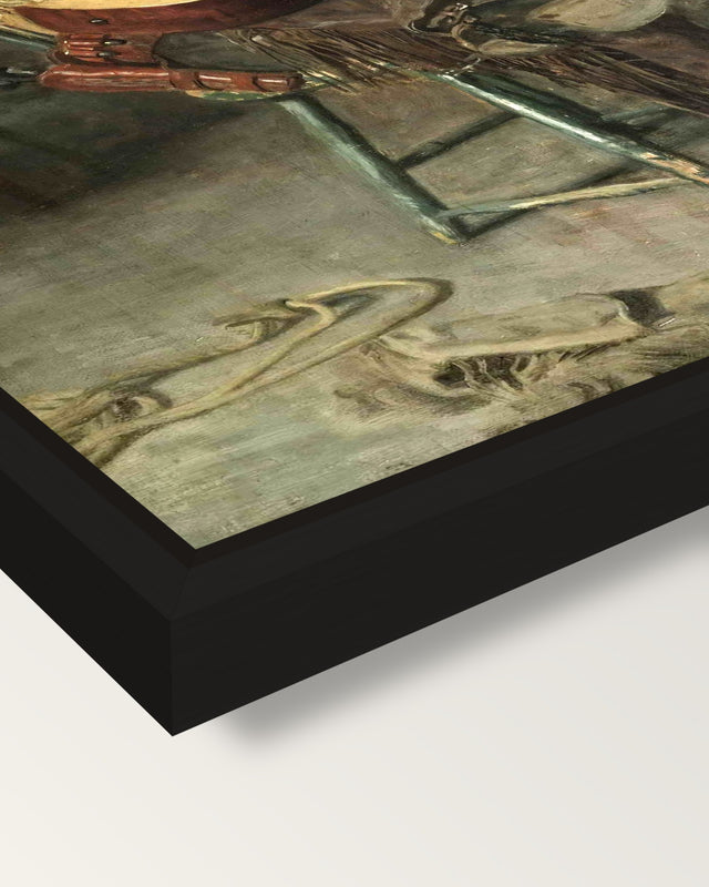 Home Ranch by Thomas Eakins framed canvas, corner close-up: a black floating frame with a shadow gap round the canvas