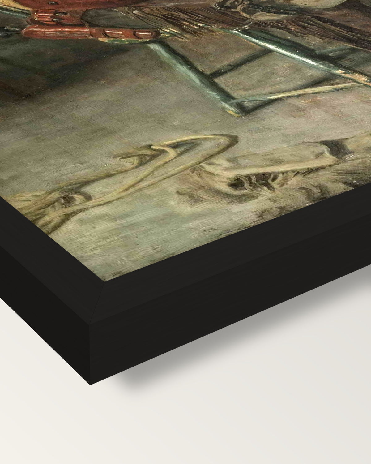 Home Ranch by Thomas Eakins framed print, corner close-up: black moulding, mitred, the print set just below its edge