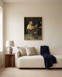Home Ranch by Thomas Eakins framed in natural oak above a cream sofa in a warm living room