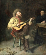 Home Ranch by Thomas Eakins: a bearded man in a wide hat and fringed buckskin plays a guitar, a man listens at a table