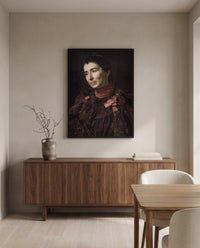 Mary Adeline Williams by Thomas Eakins in a black frame above a walnut sideboard in a dining room