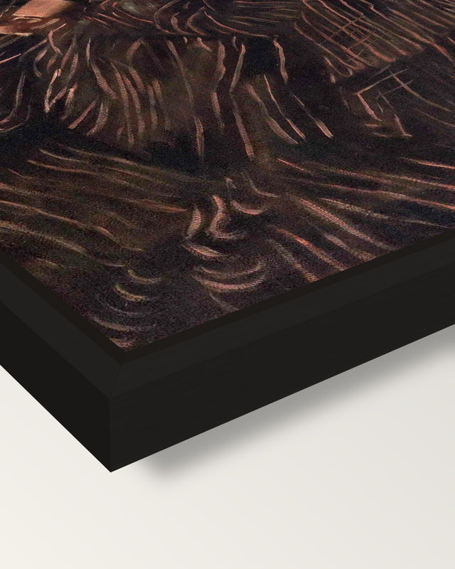 Mary Adeline Williams by Eakins framed canvas, corner close-up: a black floating frame with a shadow gap round the canvas