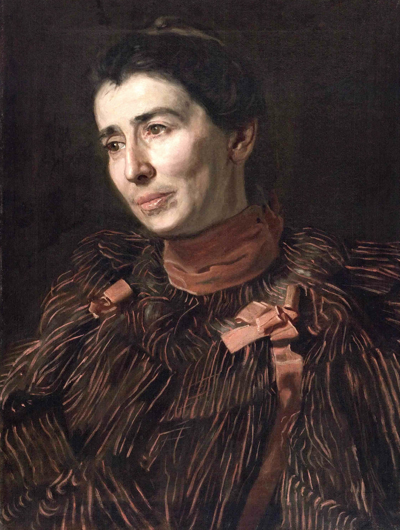 Portrait of Mary Adeline Williams by Thomas Eakins: a dark-haired woman in a striped blouse and red scarf turns her head