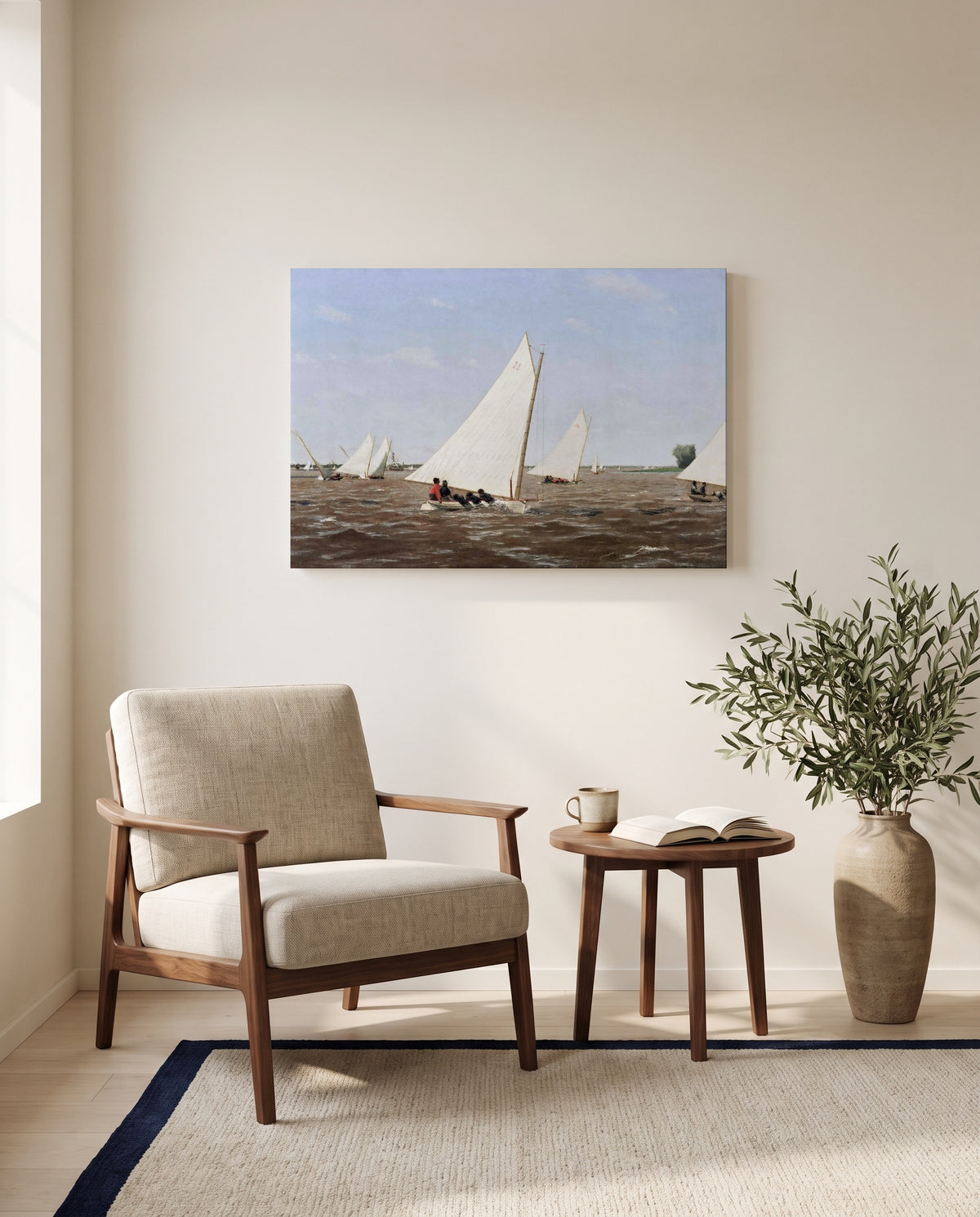 Sailboats Racing by Thomas Eakins as a stretched canvas above a linen lounge chair in a reading corner