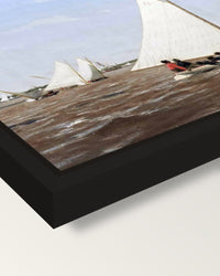 Sailboats Racing by Thomas Eakins framed canvas, corner close-up: a black floating frame with a shadow gap round the canvas