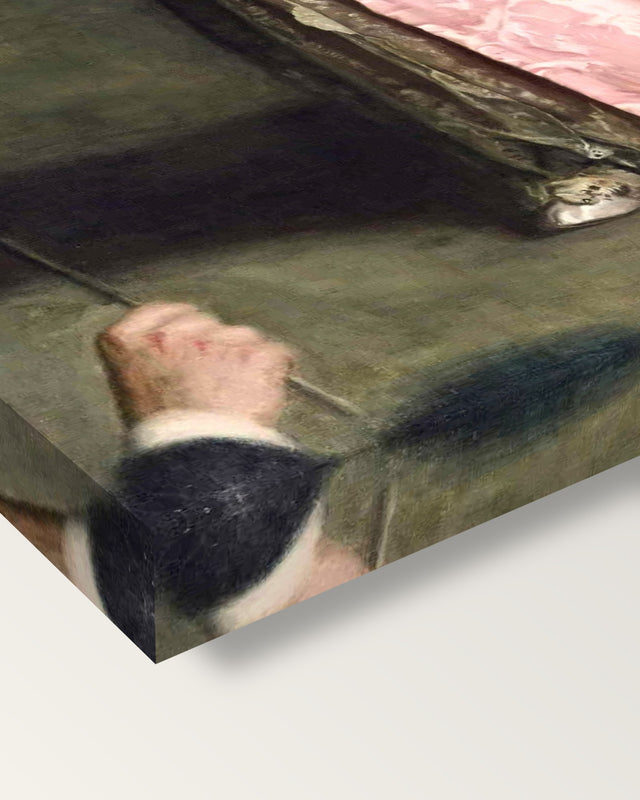 The Concert Singer by Thomas Eakins on stretched canvas, corner close-up: the painting mirror-wrapped round the sides