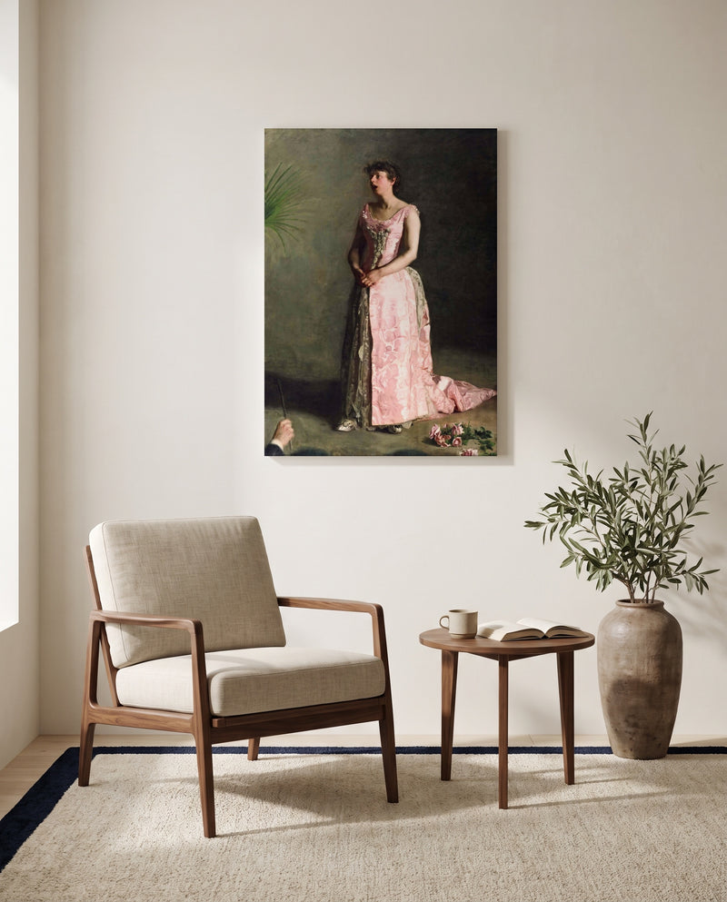 The Concert Singer by Thomas Eakins as a stretched canvas above a linen lounge chair in a reading corner