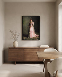 The Concert Singer by Thomas Eakins in a black frame above a walnut sideboard in a dining room