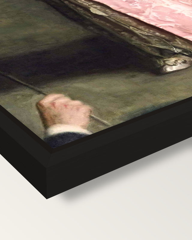 The Concert Singer by Thomas Eakins framed canvas, corner close-up: a black floating frame with a shadow gap round the canvas