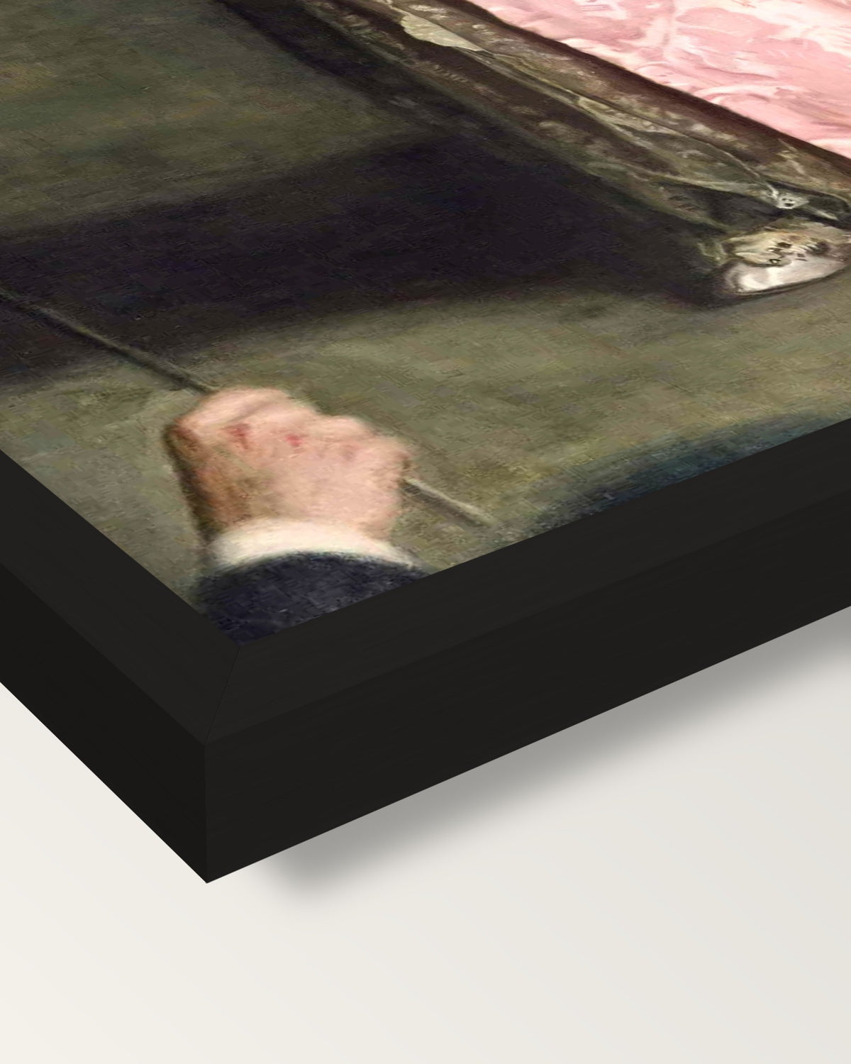 The Concert Singer by Thomas Eakins framed print, corner close-up: black moulding, mitred, the print set just below its edge