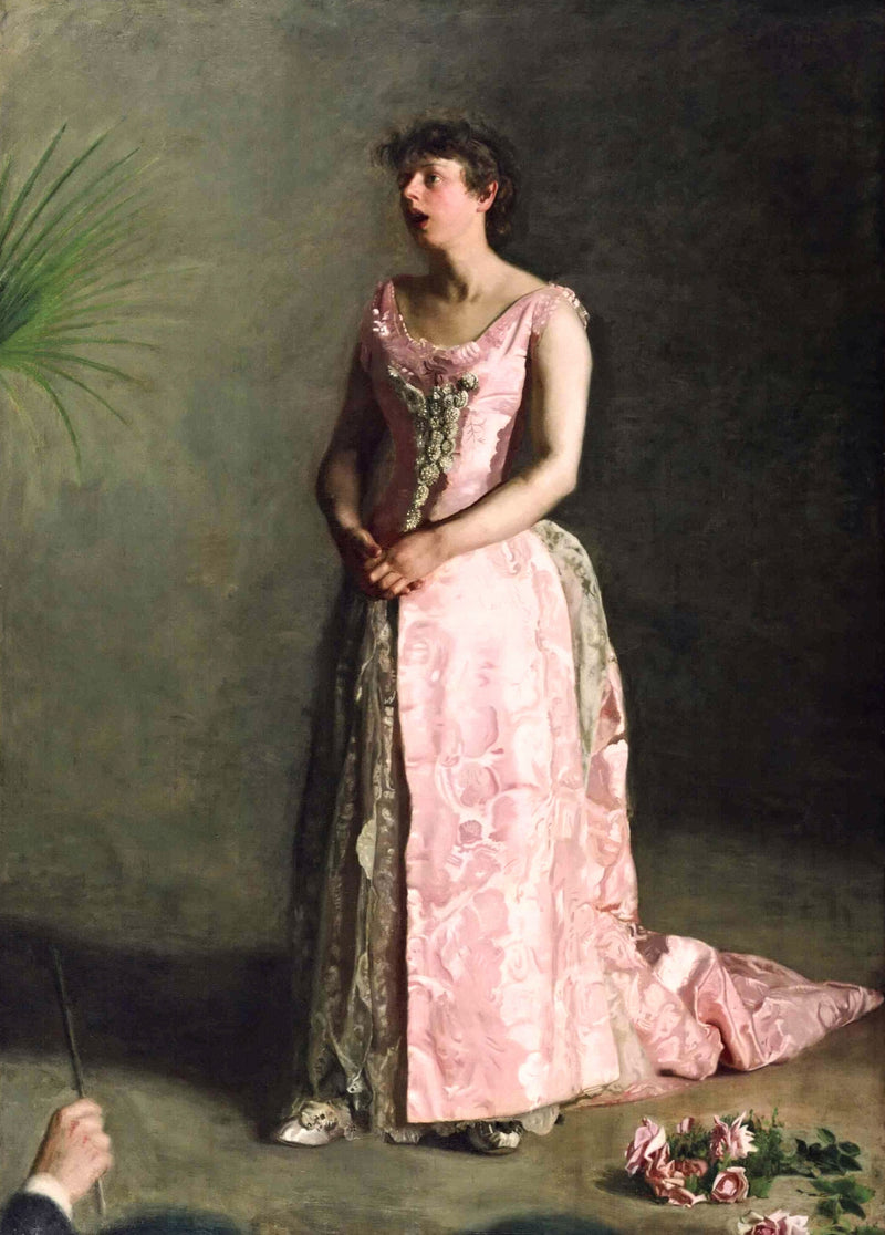 The Concert Singer by Thomas Eakins: a woman in a pink gown singing on a stage, roses at her feet, a baton at left