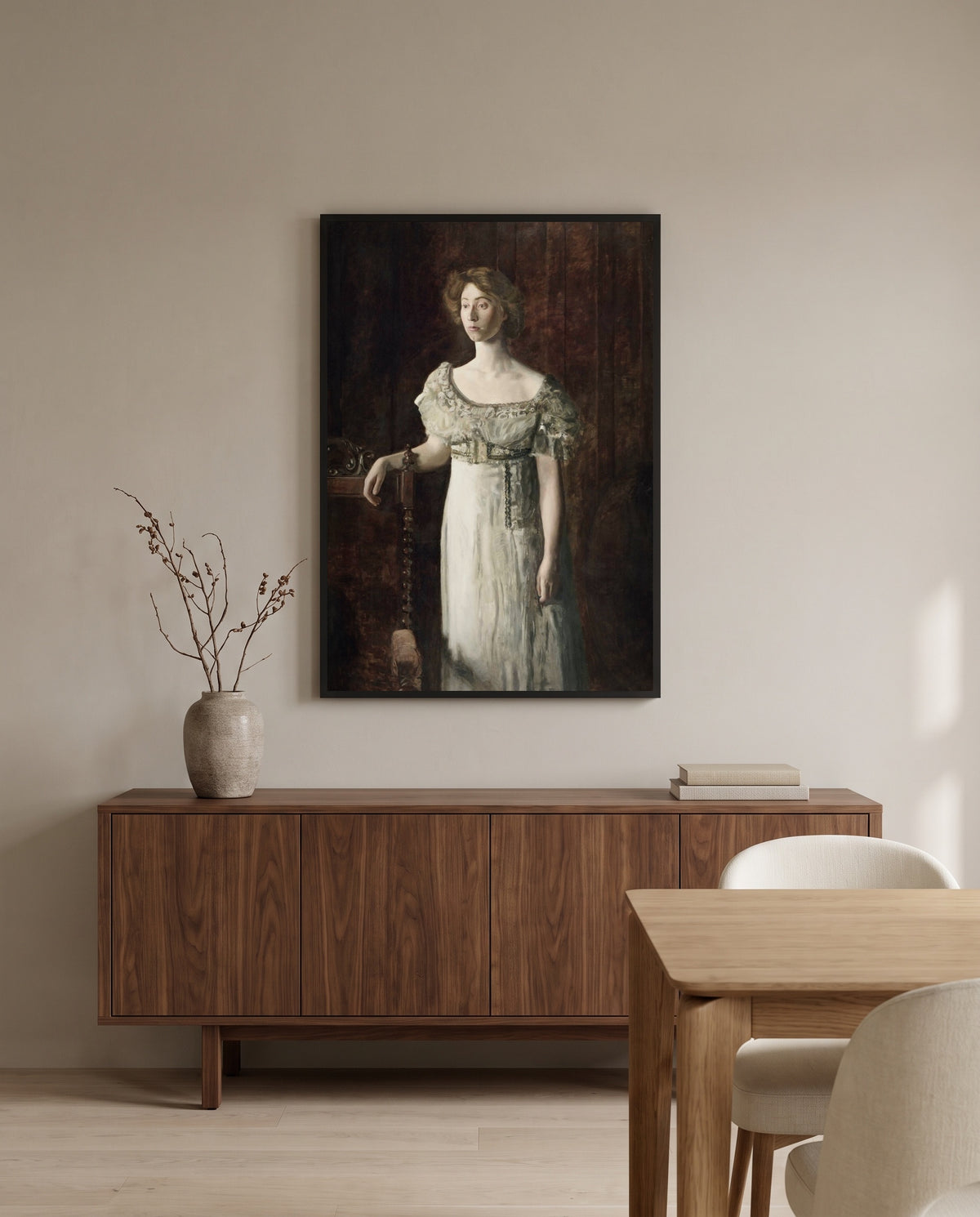 The Old-Fashioned Dress by Thomas Eakins in a black frame above a walnut sideboard in a dining room