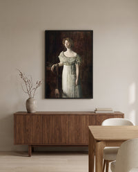 The Old-Fashioned Dress by Thomas Eakins in a black frame above a walnut sideboard in a dining room
