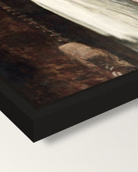 The Old-Fashioned Dress by Eakins framed canvas, corner close-up: a black floating frame with a shadow gap round the canvas