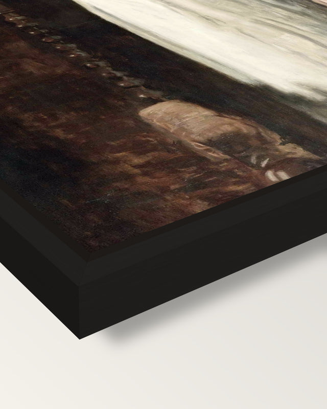The Old-Fashioned Dress by Eakins framed canvas, corner close-up: a black floating frame with a shadow gap round the canvas