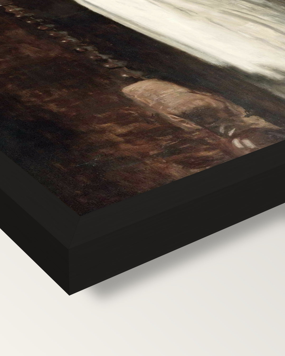 The Old-Fashioned Dress by Eakins framed print, corner close-up: black moulding, mitred, the print set just below its edge