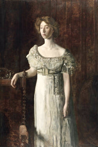 The Old-Fashioned Dress by Thomas Eakins: a young woman in a pale beaded gown stands by a carved chair against a dark wall