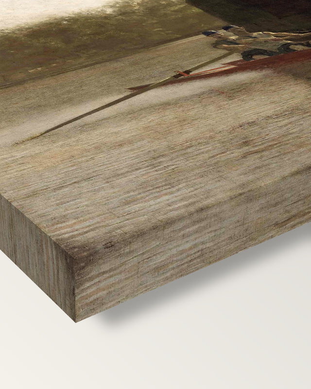 The Pair-Oared Shell by Thomas Eakins on stretched canvas, corner close-up: the painting mirror-wrapped round the sides