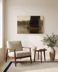 The Pair-Oared Shell by Thomas Eakins as a stretched canvas above a linen lounge chair in a reading corner