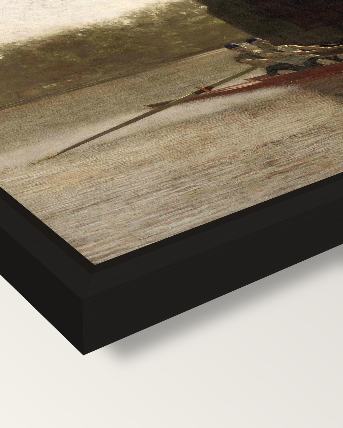The Pair-Oared Shell by Eakins framed canvas, corner close-up: a black floating frame with a shadow gap round the canvas