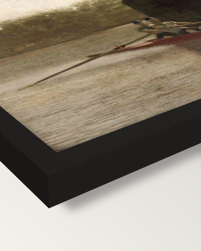 The Pair-Oared Shell by Eakins framed print, corner close-up: black moulding, mitred, the print set just below its edge