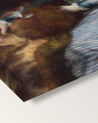 Mrs Siddons by Thomas Gainsborough on stretched canvas, corner close-up: the painting mirror-wrapped round the sides