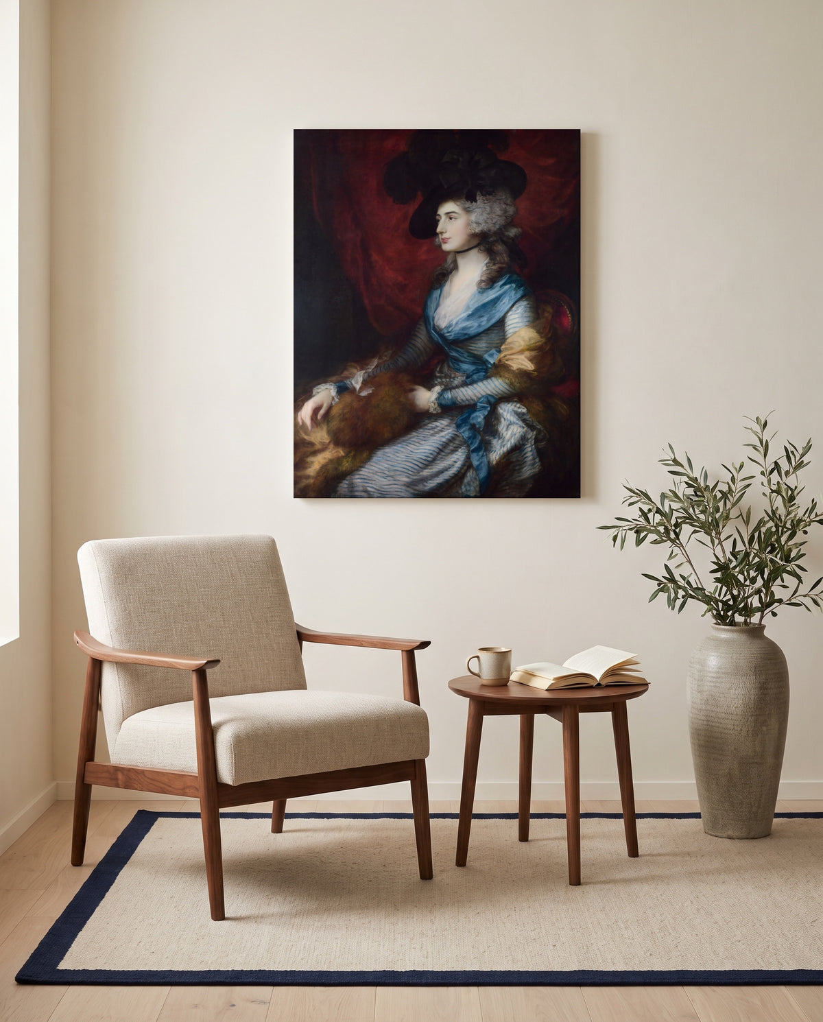 Mrs Siddons by Thomas Gainsborough as a stretched canvas above a linen lounge chair in a reading corner