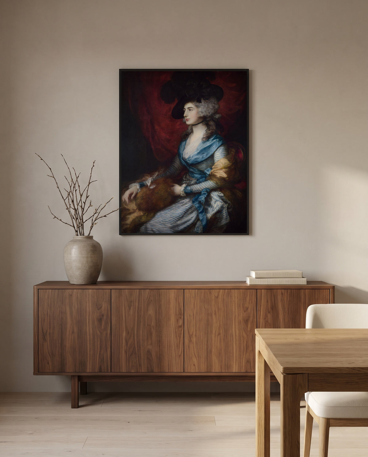 Mrs Siddons by Thomas Gainsborough in a black frame above a walnut sideboard in a dining room