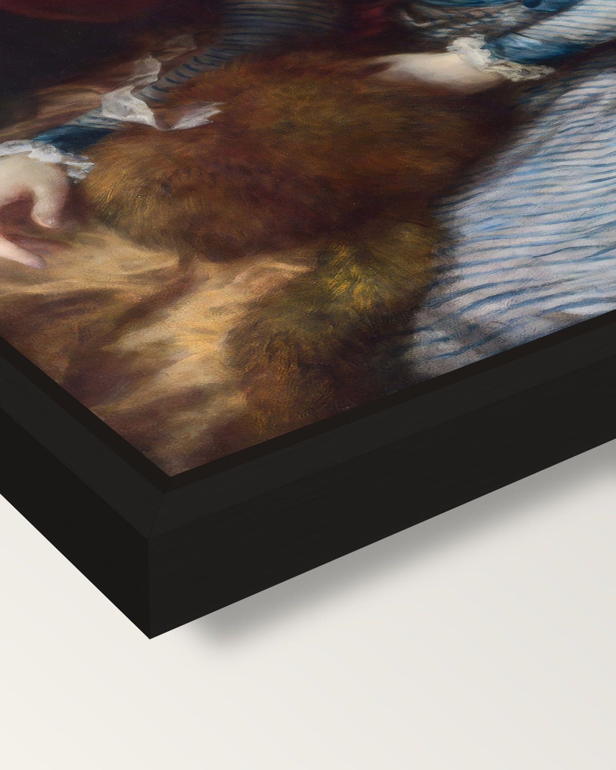 Mrs Siddons by Thomas Gainsborough framed canvas, corner close-up: a black floating frame with a shadow gap round the canvas