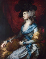 Mrs Siddons by Thomas Gainsborough: a woman in a black feathered hat and blue-striped gown seated before a red curtain