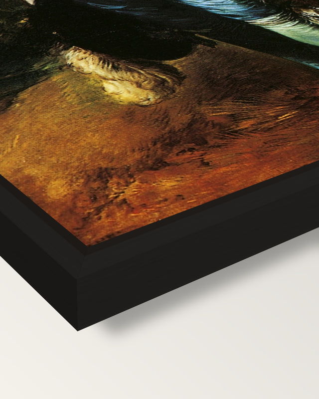 The Blue Boy by Thomas Gainsborough framed canvas, corner close-up: a black floating frame with a shadow gap round the canvas