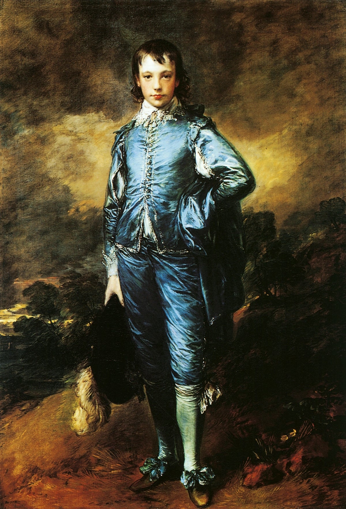 The Blue Boy by Thomas Gainsborough: a young man in a shimmering blue satin suit and lace collar, hat in hand, dark landscape
