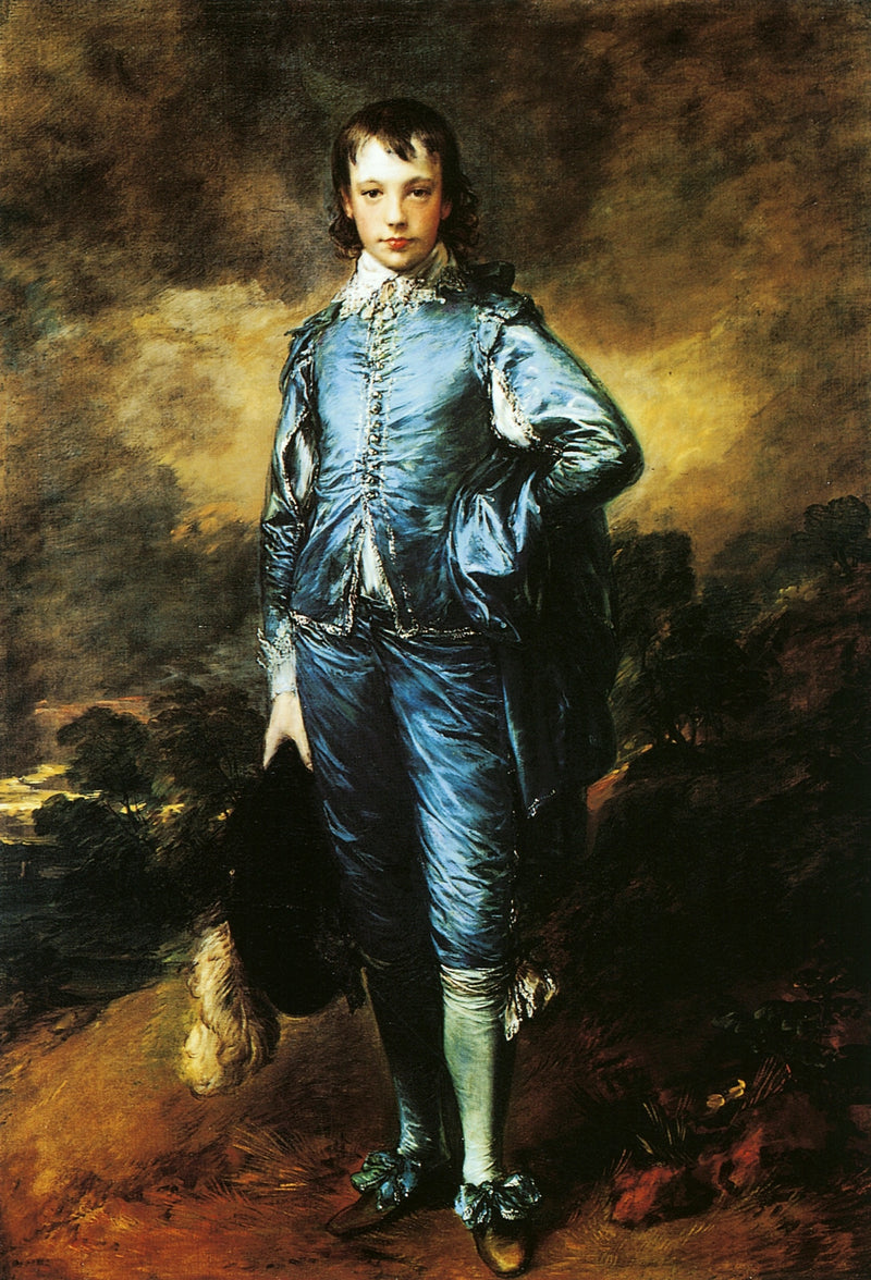 The Blue Boy by Thomas Gainsborough: a young man in a shimmering blue satin suit and lace collar, hat in hand, dark landscape