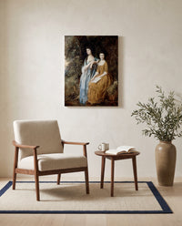 The Linley Sisters by Thomas Gainsborough as a stretched canvas above a linen lounge chair in a reading corner