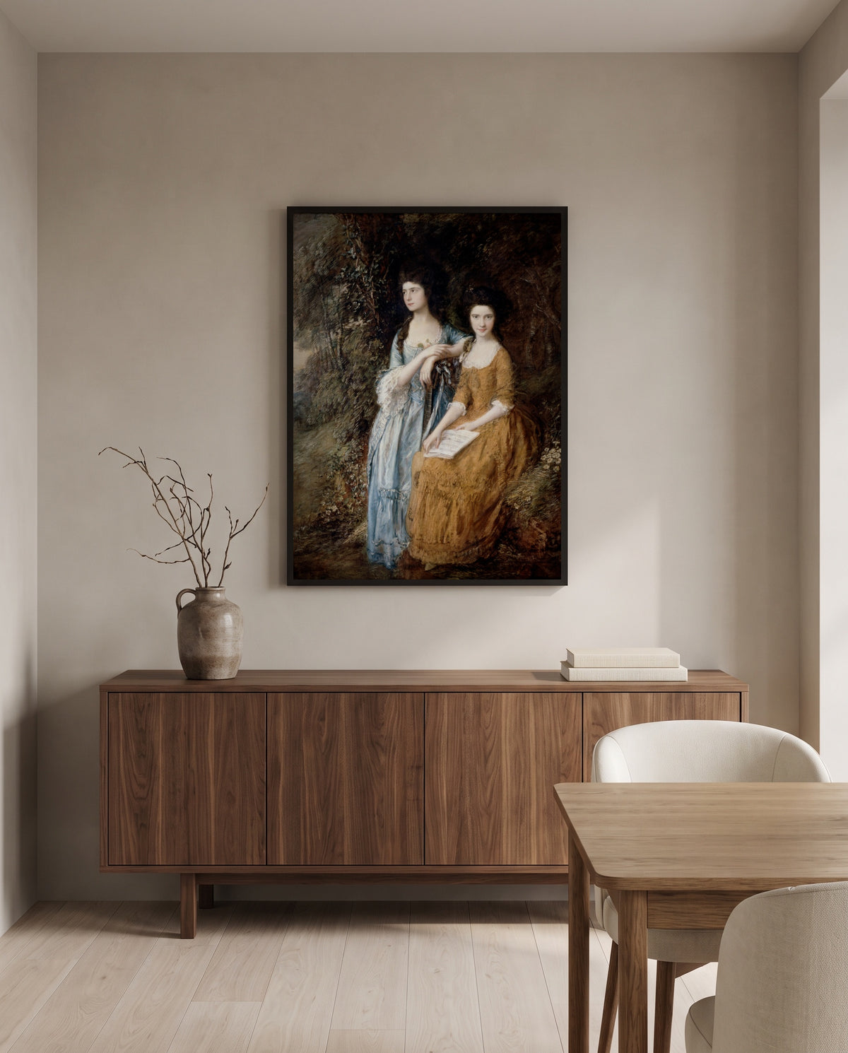 The Linley Sisters by Thomas Gainsborough in a black frame above a walnut sideboard in a dining room
