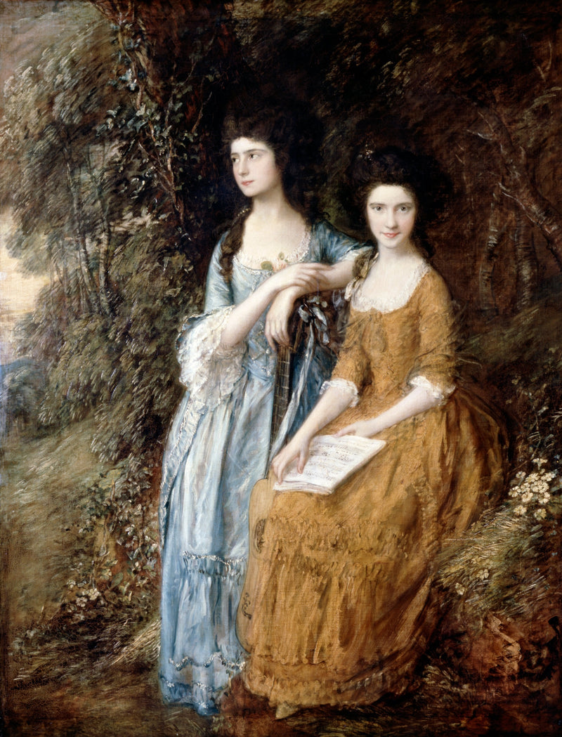 The Linley Sisters by Thomas Gainsborough: two young women in blue and gold dresses in a wood, one holding a music book