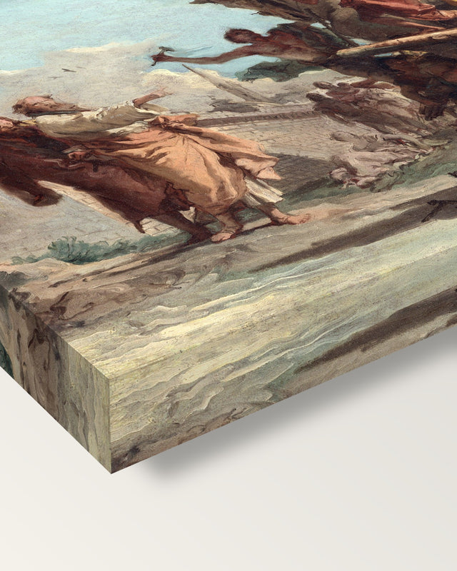 The Building of the Trojan Horse by Tiepolo on stretched canvas, corner close-up: the painting mirror-wrapped round the sides