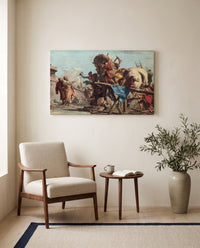 The Building of the Trojan Horse by Giandomenico Tiepolo as a stretched canvas above a linen lounge chair in a reading corner