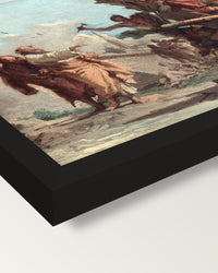 The Building of the Trojan Horse framed print, corner close-up: black moulding, mitred, the print set just below its edge