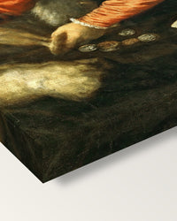 Jacopo Strada by Titian on stretched canvas, corner close-up: the painting mirror-wrapped round the sides