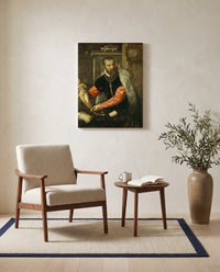 Jacopo Strada by Titian as a stretched canvas above a linen lounge chair in a reading corner