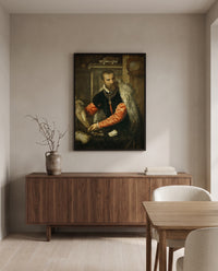 Jacopo Strada by Titian in a black frame above a walnut sideboard in a dining room